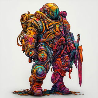Pilgrimscale style, Midjourney V6.1: concept art character design of retropunk steam knight