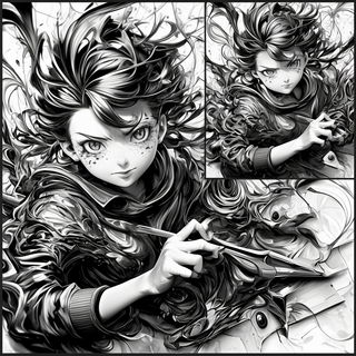Pilgrimscale style, Midjourney V6.1: black-and-white manga comic strip