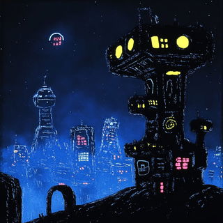 Crownblock Scribbleform style, Midjourney V6.1: cinematic shot from sci-fi movie