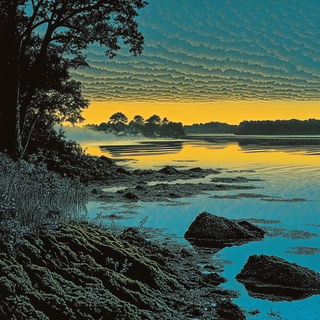 Reliefshadowism style, Midjourney V6.1: realistic landscape photograph of quiet dawn