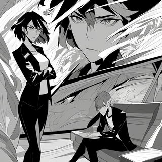 Vitrablock style, Midjourney V6.1: black-and-white manga comic strip