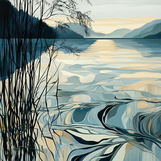 Vitrablock style, Midjourney V6.1: realistic landscape photograph of quiet dawn