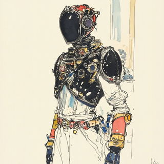 Mirethorax style, Midjourney V6.1: concept art character design of retropunk steam knight