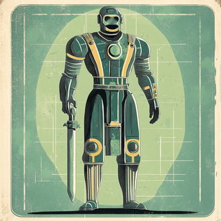 Veilquake style, Midjourney V6.1: concept art character design of retropunk steam knight