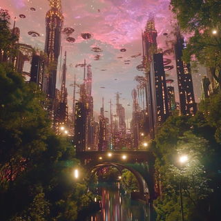 Redtide Tapestry style, Midjourney V6.1: megacity with futuristic bioarchitecture