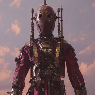 Redtide Tapestry style, Midjourney V6.1: concept art character design of retropunk steam knight