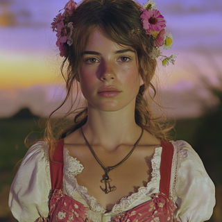 Redtide Tapestry style, Midjourney V6.1: photographic portrait of female protagonist