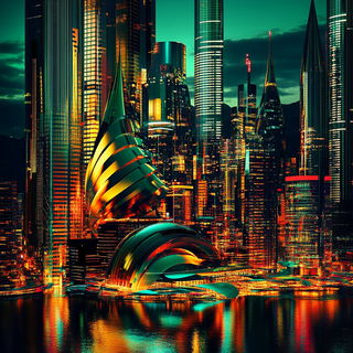 Rainbow Tesserae style, Midjourney V6.1: megacity with futuristic bioarchitecture