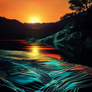 Rainbow Tesserae style, Midjourney V6.1: realistic landscape photograph of quiet dawn