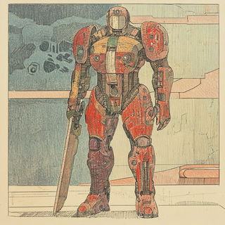 Mistregister style, Midjourney V6.1: concept art character design of retropunk steam knight