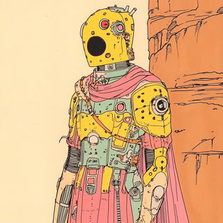 Cloudfrontorama style, Midjourney V6.1: concept art character design of retropunk steam knight