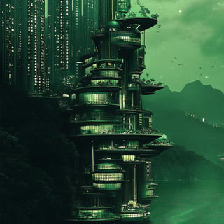 Cyan Scriptoria style, Midjourney V6.1: megacity with futuristic bioarchitecture