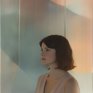 Miniscale Monumentalism style, Midjourney V6.1: photographic portrait of female protagonist
