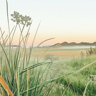 Fluorodye Gridism style, Midjourney V6.1: realistic landscape photograph of quiet dawn