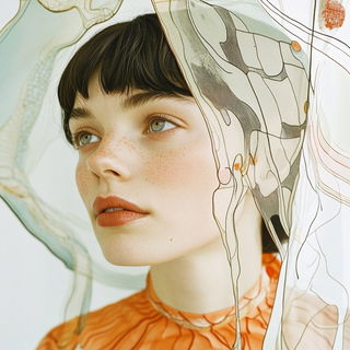 Fluorodye Gridism style, Midjourney V6.1: photographic portrait of female protagonist