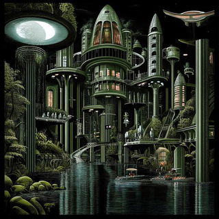 Neon Lithocircuit style, Midjourney V6.1: megacity with futuristic bioarchitecture
