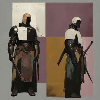 Photocopy Bloom Residue style, Midjourney V6.1: concept art character design of retropunk steam knight