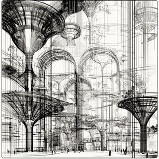 Chrome Ribbon Risoform style, Midjourney V6.1: megacity with futuristic bioarchitecture