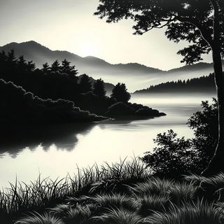 Mountainflora Chromoxylography style, Midjourney V6.1: realistic landscape photograph of quiet dawn