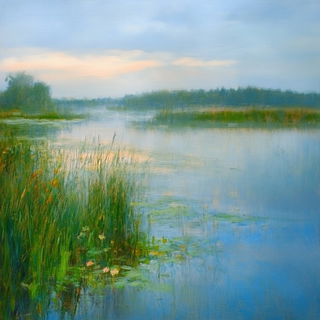 Blossomblack style, Midjourney V6.1: realistic landscape photograph of quiet dawn