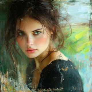 Blossomblack style, Midjourney V6.1: photographic portrait of female protagonist