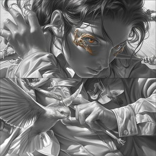 Fossilcut style, Midjourney V6.1: black-and-white manga comic strip