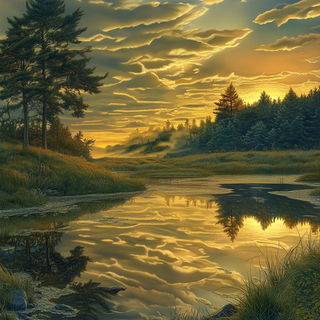 Fossilcut style, Midjourney V6.1: realistic landscape photograph of quiet dawn