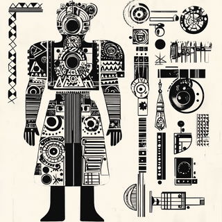 Ornamenterrestrial style, Midjourney V6.1: concept art character design of retropunk steam knight