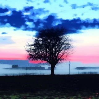 Merribrook Pictureworks style, Midjourney V6.1: realistic landscape photograph of quiet dawn