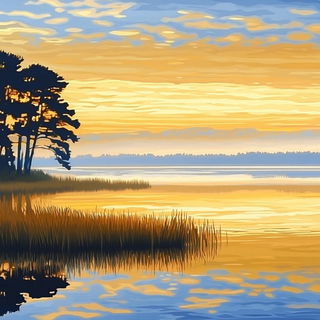 Enamelstorm style, Midjourney V6.1: realistic landscape photograph of quiet dawn