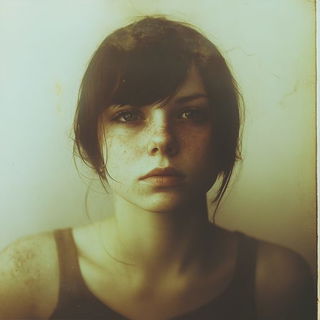 Calligrafprint style, Midjourney V6.1: photographic portrait of female protagonist