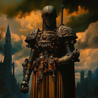 Crimson Anvil Valleys style, Midjourney V6.1: concept art character design of retropunk steam knight