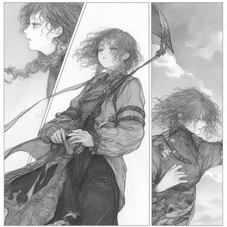 Ochre Wake style, Midjourney V6.1: black-and-white manga comic strip