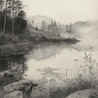 Ochre Wake style, Midjourney V6.1: realistic landscape photograph of quiet dawn