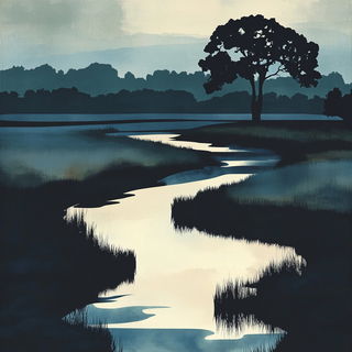 Gloombugue style, Midjourney V6.1: realistic landscape photograph of quiet dawn