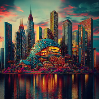 Koi Tessera style, Midjourney V6.1: megacity with futuristic bioarchitecture