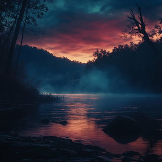Carteblanche Tableauism style, Midjourney V6.1: realistic landscape photograph of quiet dawn