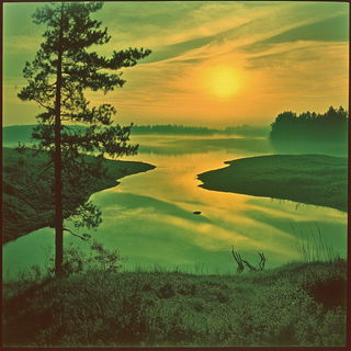 Illuminated Verdigris style, Midjourney V6.1: realistic landscape photograph of quiet dawn