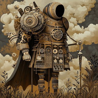 Darkroomist style, Midjourney V6.1: concept art character design of retropunk steam knight