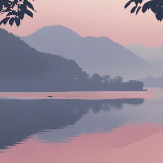 Keshiki Calligraphics style, Midjourney V6.1: realistic landscape photograph of quiet dawn