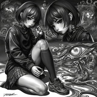 Undertow Halation style, Midjourney V6.1: black-and-white manga comic strip