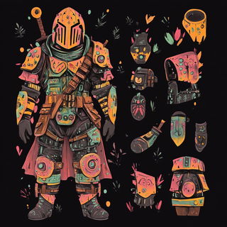 Mandalaornament style, Midjourney V6.1: concept art character design of retropunk steam knight