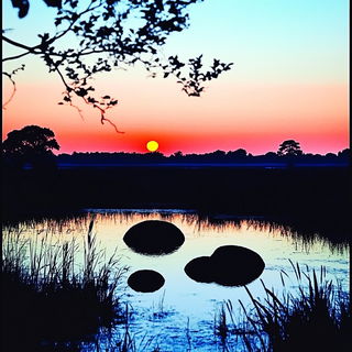 Impastopunk style, Midjourney V6.1: realistic landscape photograph of quiet dawn