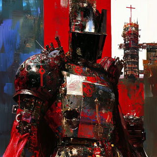 Katazome Facetwork style, Midjourney V6.1: concept art character design of retropunk steam knight