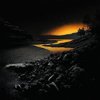 Hatchprintism style, Midjourney V6.1: realistic landscape photograph of quiet dawn
