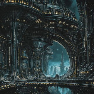 Indigo Ember Lithographia style, Midjourney V6.1: megacity with futuristic bioarchitecture