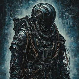 Indigo Ember Lithographia style, Midjourney V6.1: concept art character design of retropunk steam knight