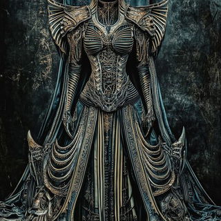 Indigo Ember Lithographia style, Midjourney V6.1: haute-couture fashion outfit