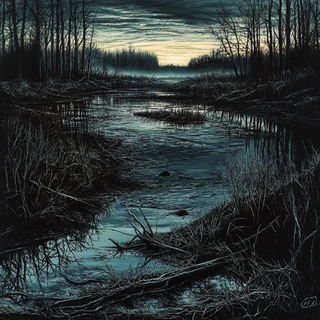 Indigo Ember Lithographia style, Midjourney V6.1: realistic landscape photograph of quiet dawn