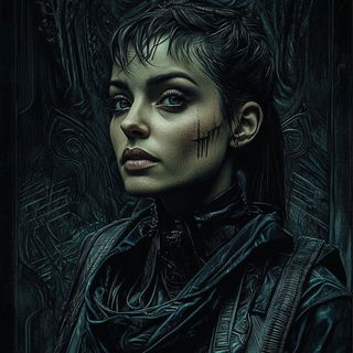 Indigo Ember Lithographia style, Midjourney V6.1: photographic portrait of female protagonist